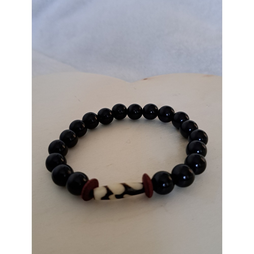 Mens Black Bead Stretch Bracelet with Batik Bone Accent and Red Spacers